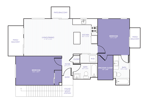 Floor plan for 2 beds, 2 baths, 874 sqft